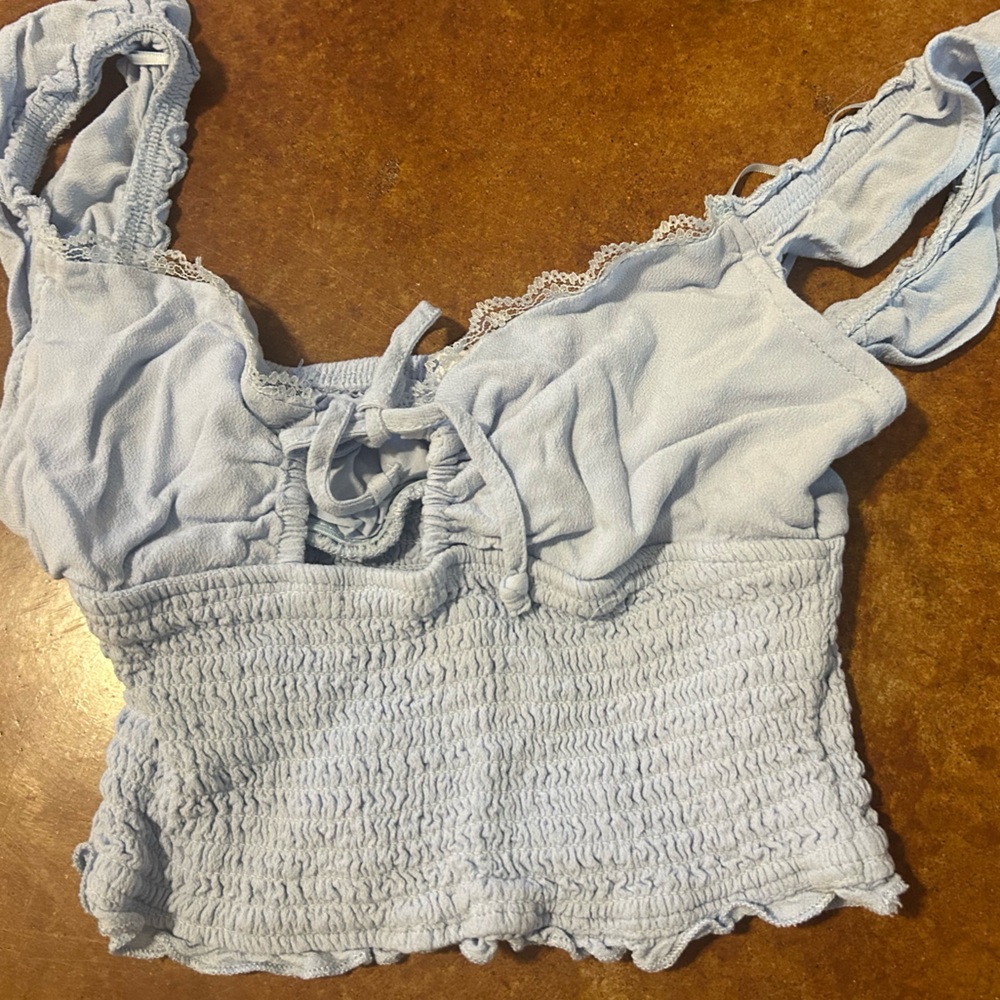 Garage Light Blue Smocked Crop Top with Lace Trim